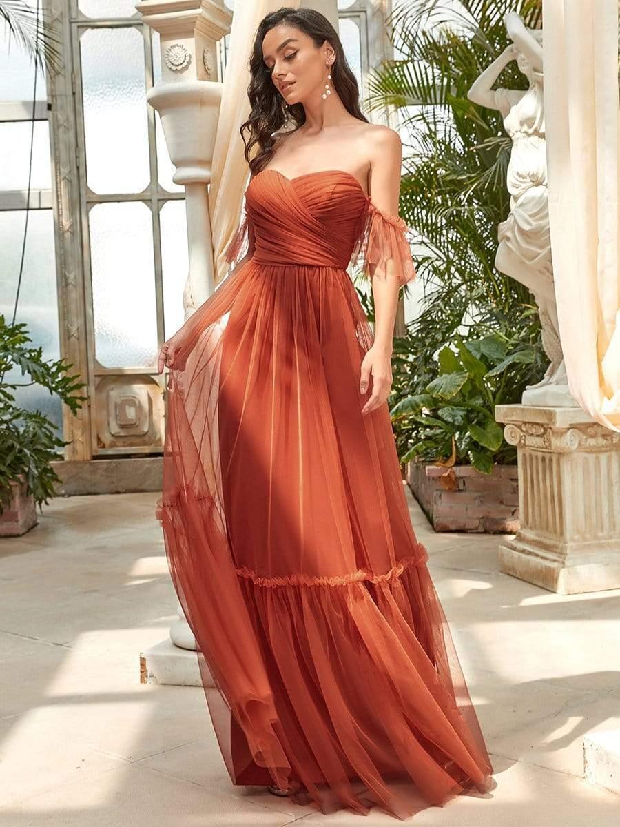 ever LUCIE|Off-Shoulder Sweetheart Double Layer Pleated Bridesmaid Dress