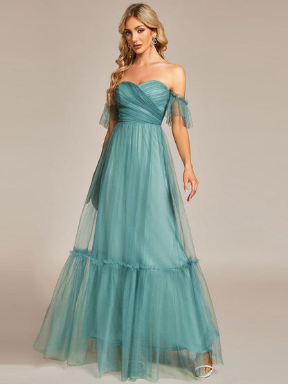 ever LUCIE|Off-Shoulder Sweetheart Double Layer Pleated Bridesmaid Dress