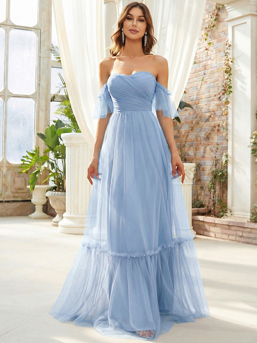 ever LUCIE|Off-Shoulder Sweetheart Double Layer Pleated Evening Dress