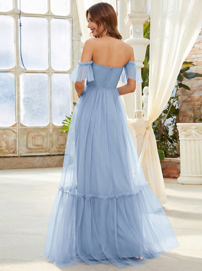 ever LUCIE|Off-Shoulder Sweetheart Double Layer Pleated Evening Dress