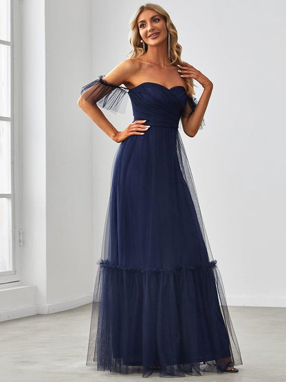 ever LUCIE|Off-Shoulder Sweetheart Double Layer Pleated Evening Dress