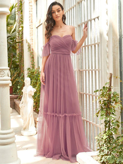 ever LUCIE|Off-Shoulder Sweetheart Double Layer Pleated Evening Dress