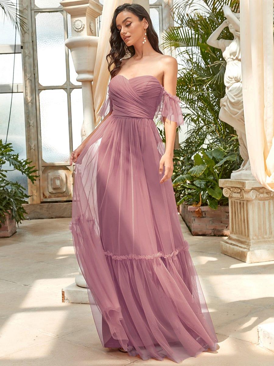 ever LUCIE|Off-Shoulder Sweetheart Double Layer Pleated Bridesmaid Dress
