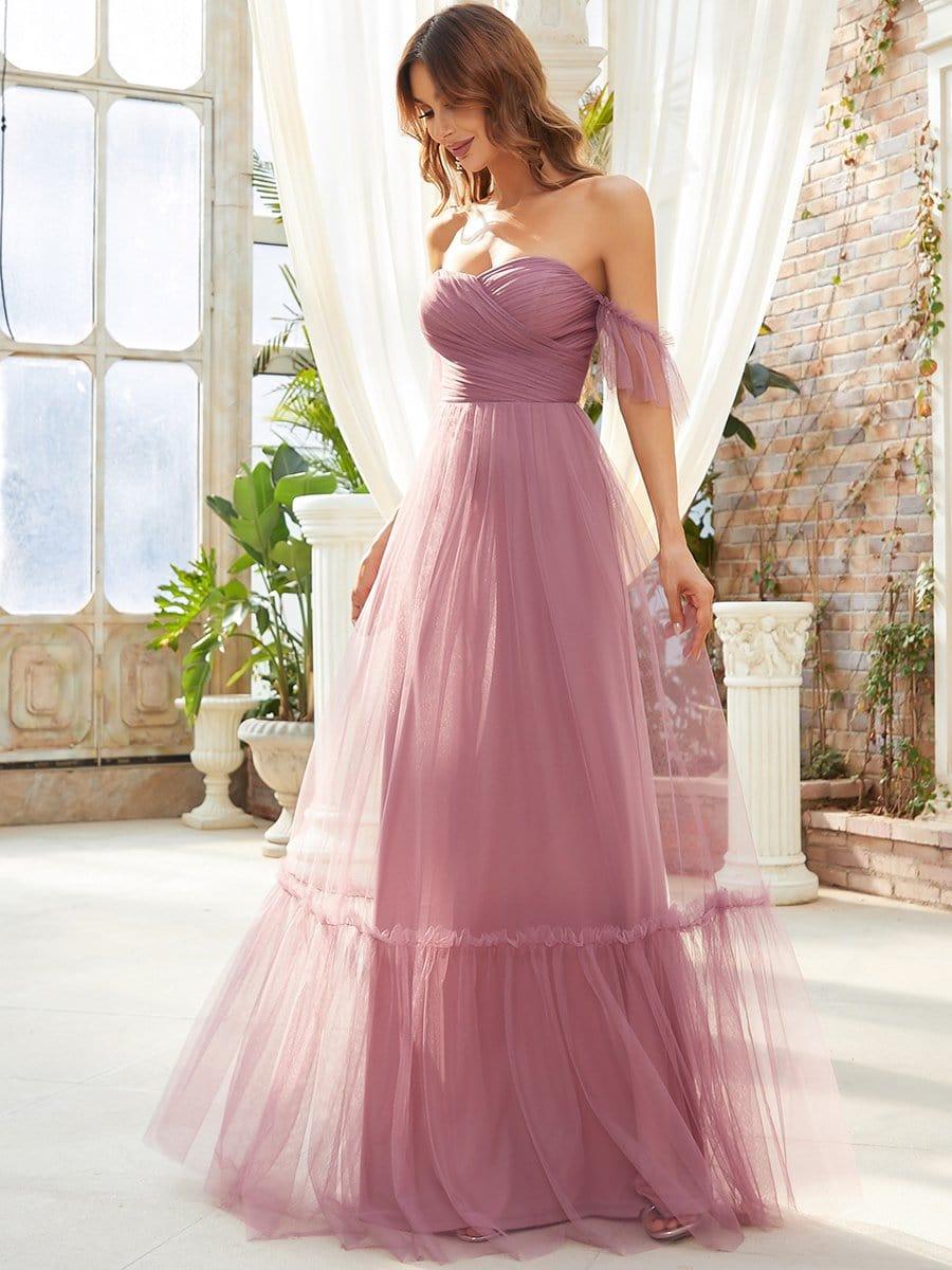 ever LUCIE|Off-Shoulder Sweetheart Double Layer Pleated Bridesmaid Dress