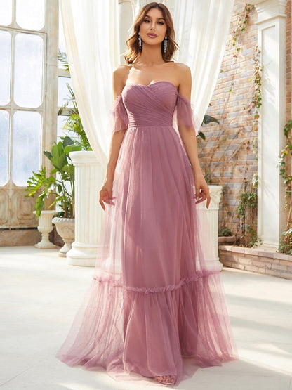ever LUCIE|Off-Shoulder Sweetheart Double Layer Pleated Evening Dress