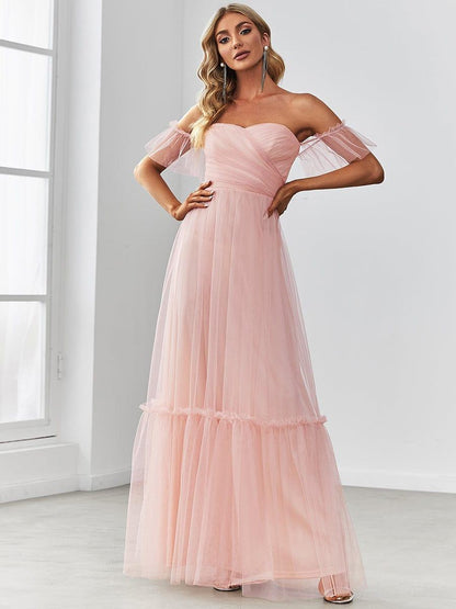 ever LUCIE|Off-Shoulder Sweetheart Double Layer Pleated Evening Dress