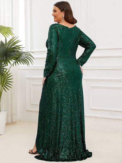 ever SYREN|Sequin Long Sleeve V-neck Asymmetrical Hem Evening Dress