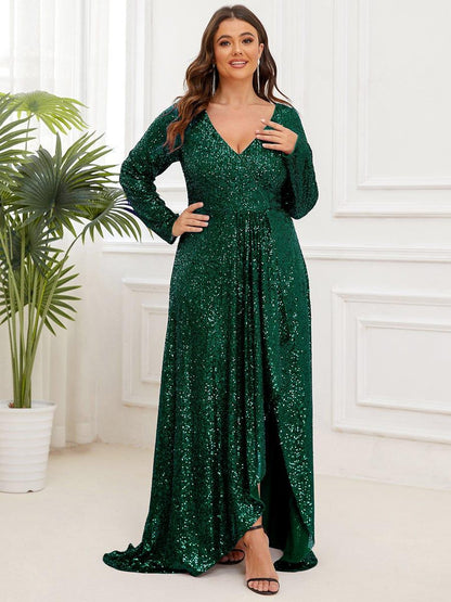 ever SYREN|Sequin Long Sleeve V-neck Asymmetrical Hem Evening Dress