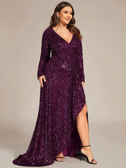 ever SYREN|Sequin Long Sleeve V-neck Asymmetrical Hem Evening Dress