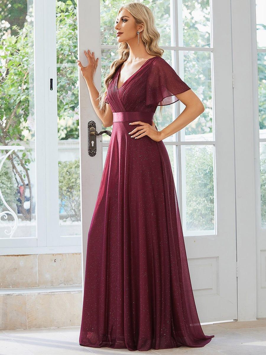 ever LIORÉ|Sparkling Short Sleeve V-Neck Ribbon Waist A-Line Evening Dress