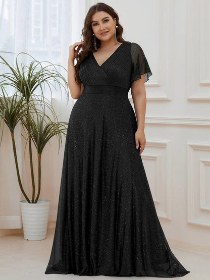 ever LIORÉ|Sparkling Short Sleeve V-Neck Ribbon Waist A-Line Bridesmaid Dress