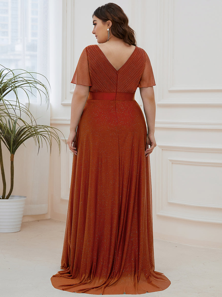 ever LIORÉ|Sparkling Short Sleeve V-Neck Ribbon Waist A-Line Bridesmaid Dress