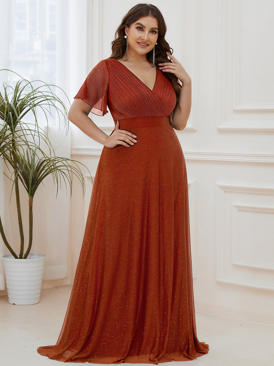 ever LIORÉ|Sparkling Short Sleeve V-Neck Ribbon Waist A-Line Bridesmaid Dress