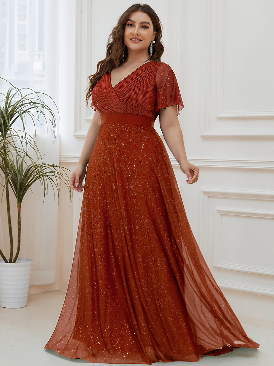 ever LIORÉ|Sparkling Short Sleeve V-Neck Ribbon Waist A-Line Evening Dress