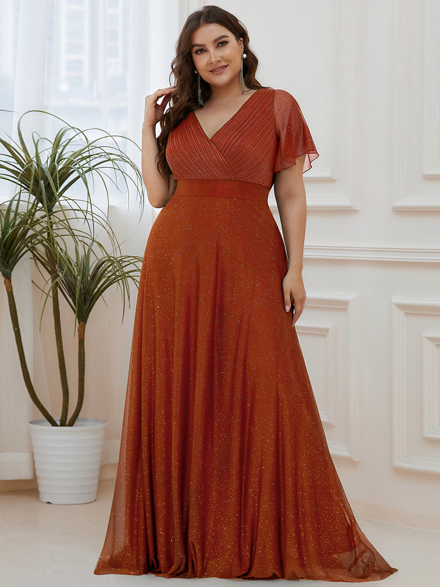 ever LIORÉ|Sparkling Short Sleeve V-Neck Ribbon Waist A-Line Evening Dress