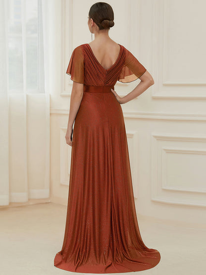 ever LIORÉ|Sparkling Short Sleeve V-Neck Ribbon Waist A-Line Evening Dress