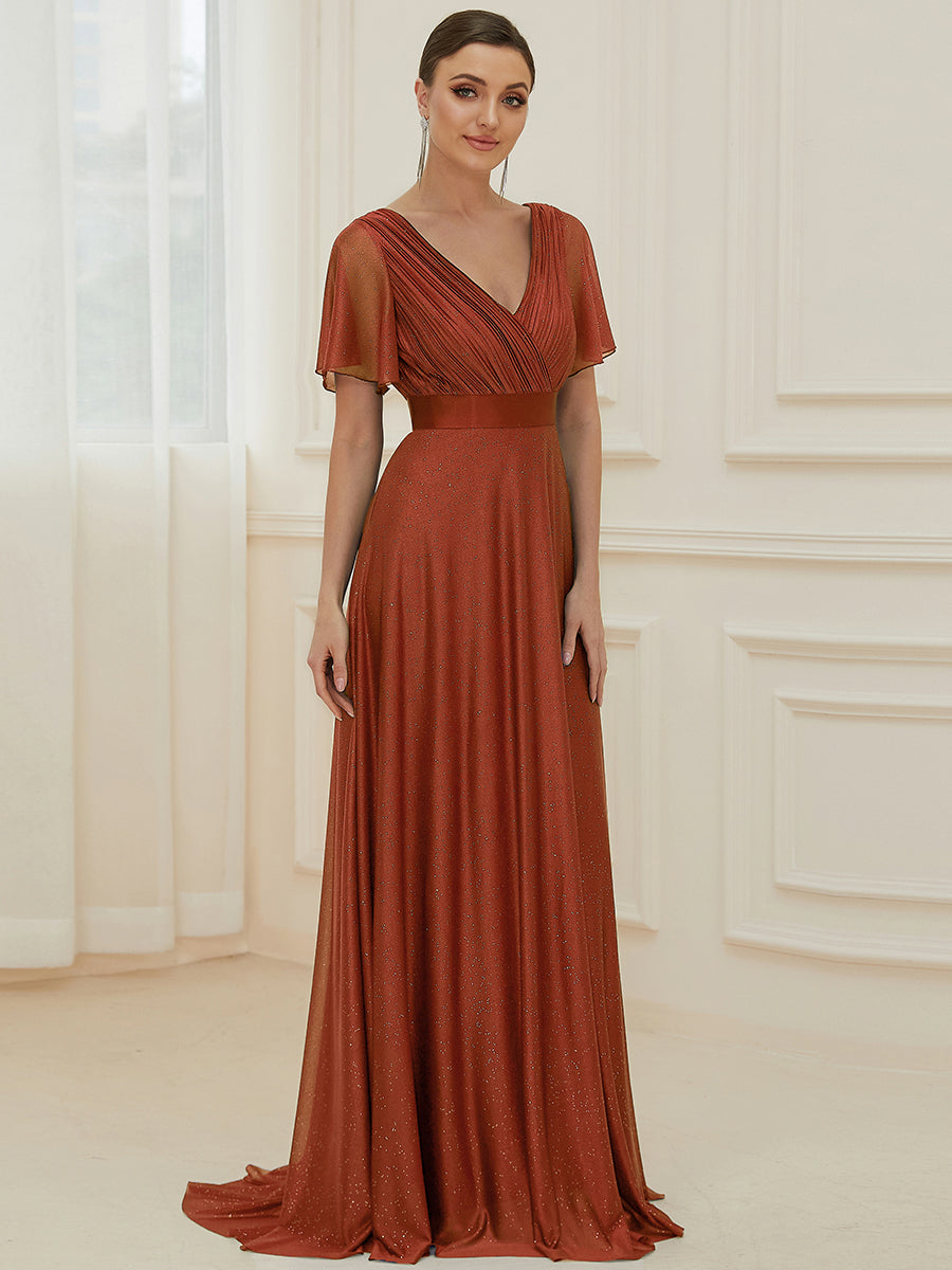 ever LIORÉ|Sparkling Short Sleeve V-Neck Ribbon Waist A-Line Bridesmaid Dress
