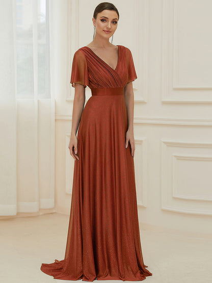 ever LIORÉ|Sparkling Short Sleeve V-Neck Ribbon Waist A-Line Bridesmaid Dress