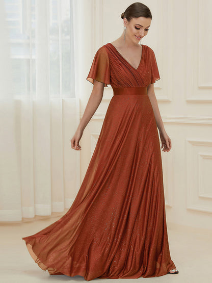 ever LIORÉ|Sparkling Short Sleeve V-Neck Ribbon Waist A-Line Evening Dress