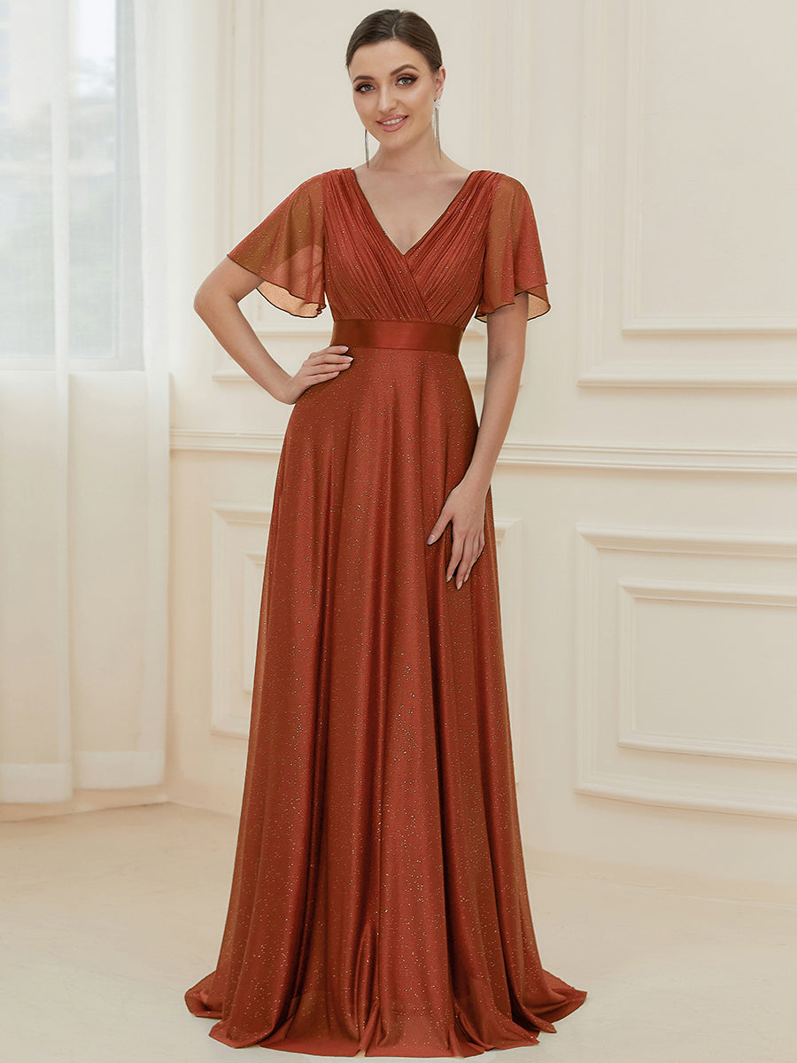 ever LIORÉ|Sparkling Short Sleeve V-Neck Ribbon Waist A-Line Evening Dress