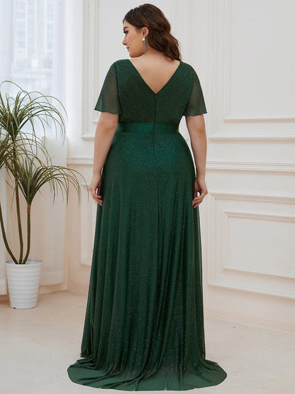ever LIORÉ|Sparkling Short Sleeve V-Neck Ribbon Waist A-Line Bridesmaid Dress