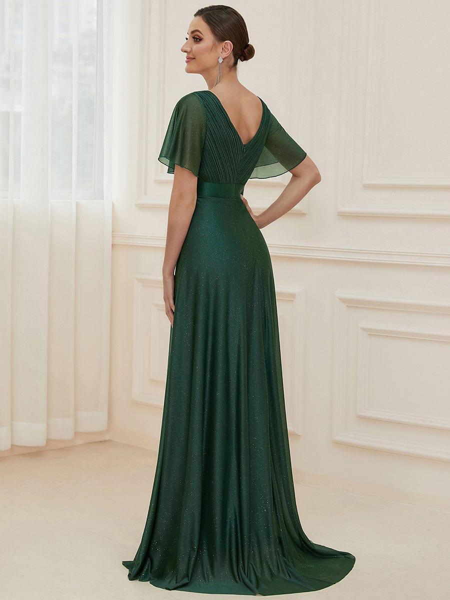 ever LIORÉ|Sparkling Short Sleeve V-Neck Ribbon Waist A-Line Evening Dress
