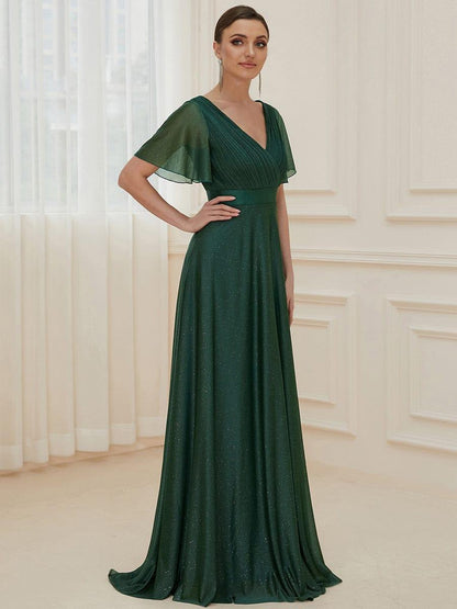 ever LIORÉ|Sparkling Short Sleeve V-Neck Ribbon Waist A-Line Bridesmaid Dress