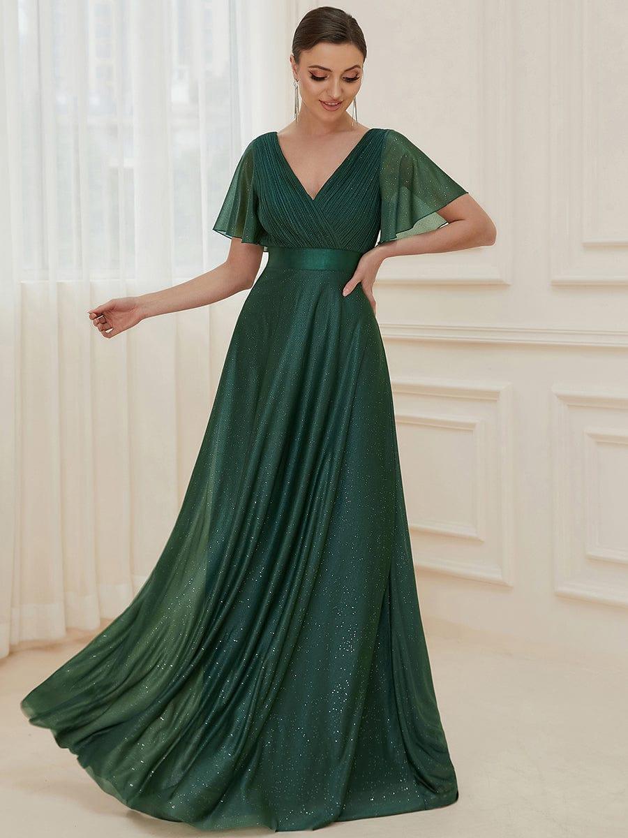 ever LIORÉ|Sparkling Short Sleeve V-Neck Ribbon Waist A-Line Bridesmaid Dress