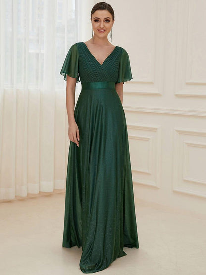 ever LIORÉ|Sparkling Short Sleeve V-Neck Ribbon Waist A-Line Bridesmaid Dress