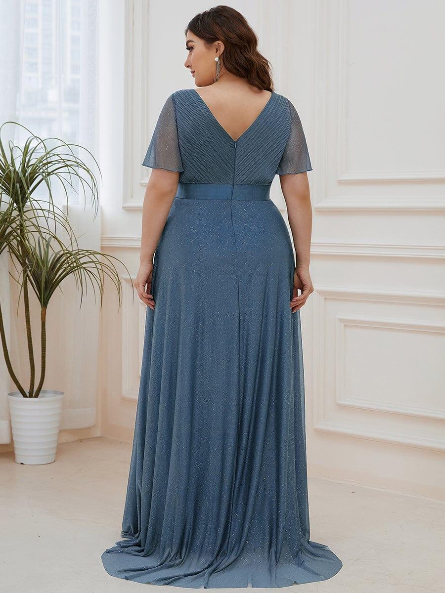 ever LIORÉ|Sparkling Short Sleeve V-Neck Ribbon Waist A-Line Evening Dress