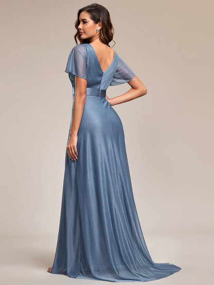 ever LIORÉ|Sparkling Short Sleeve V-Neck Ribbon Waist A-Line Bridesmaid Dress