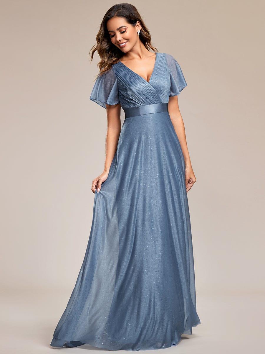 ever LIORÉ|Sparkling Short Sleeve V-Neck Ribbon Waist A-Line Bridesmaid Dress