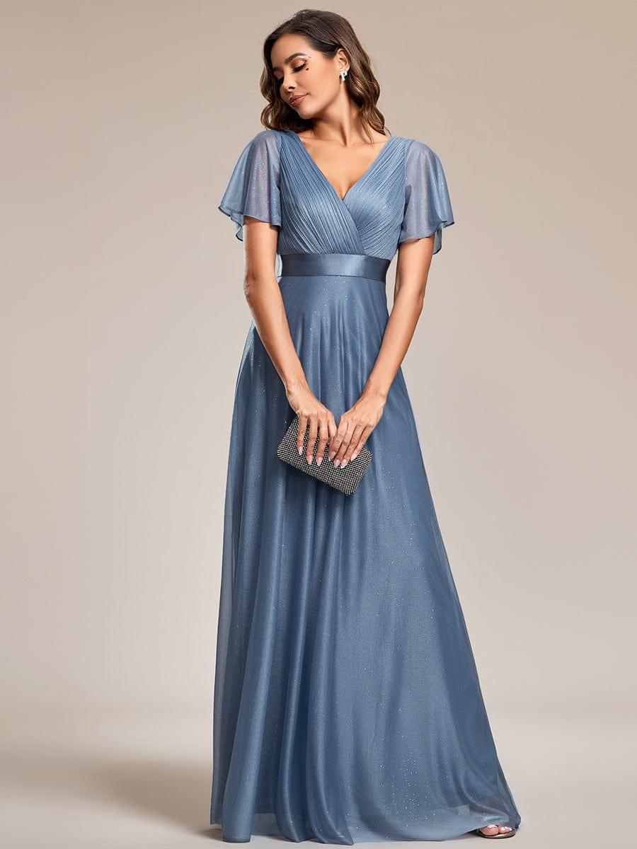 ever LIORÉ|Sparkling Short Sleeve V-Neck Ribbon Waist A-Line Bridesmaid Dress