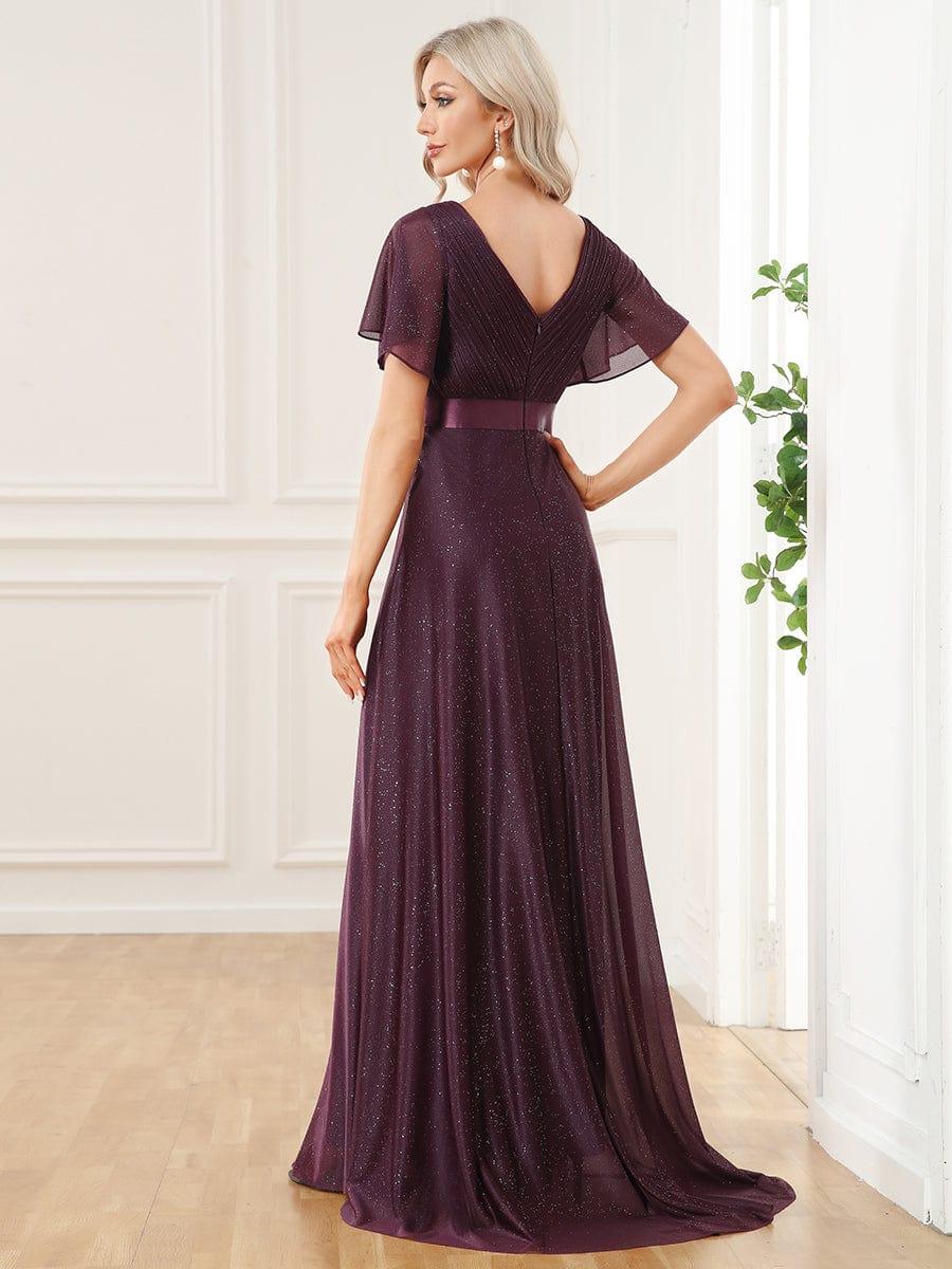 ever LIORÉ|Sparkling Short Sleeve V-Neck Ribbon Waist A-Line Bridesmaid Dress