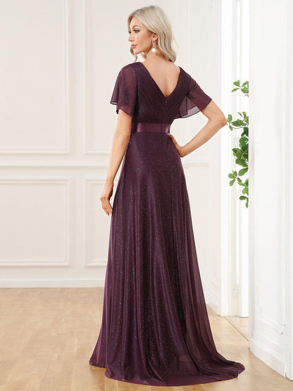 ever LIORÉ|Sparkling Short Sleeve V-Neck Ribbon Waist A-Line Evening Dress
