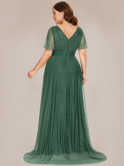 ever LIORÉ|Plus Size V Neck Ribbon Waist Formal Evening Dress With Sleeves