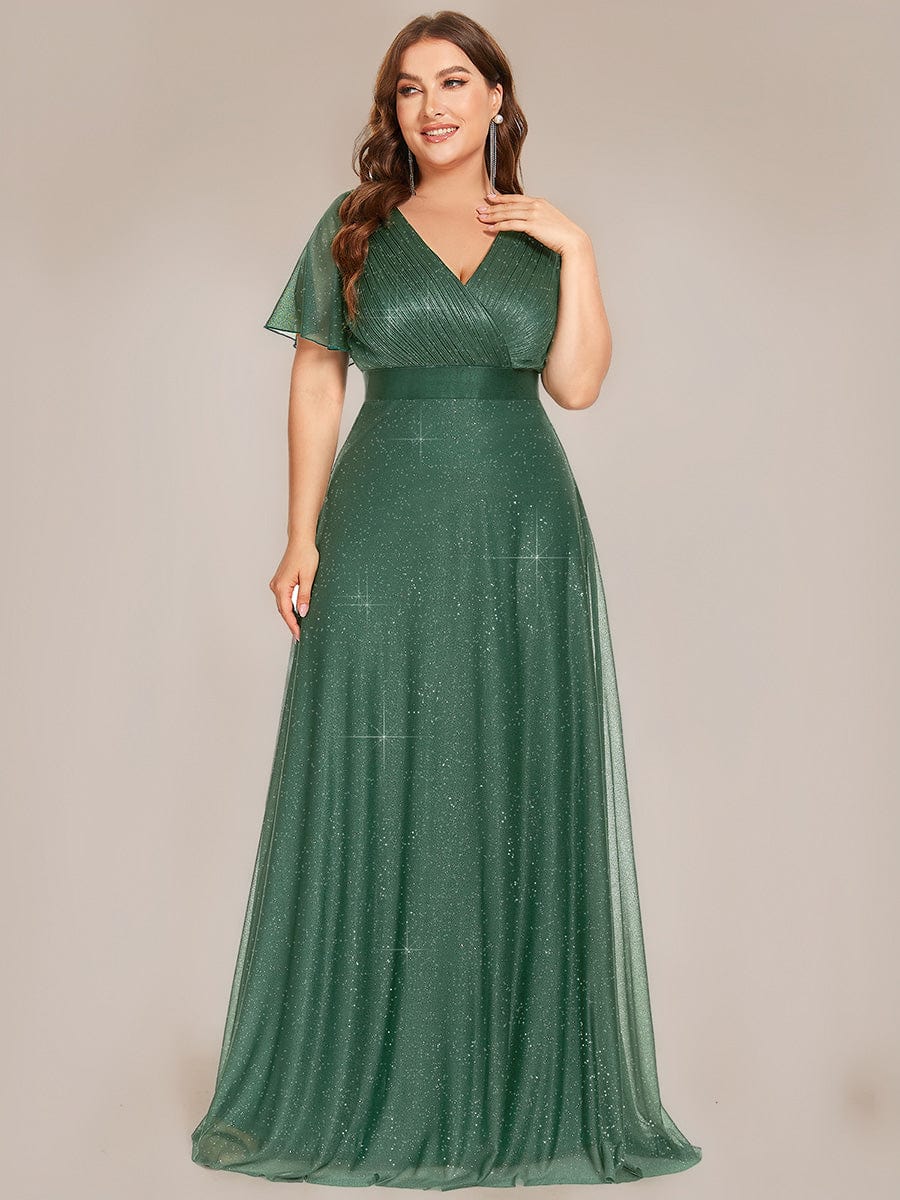 ever LIORÉ|Sparkling Short Sleeve V-Neck Ribbon Waist A-Line Evening Dress