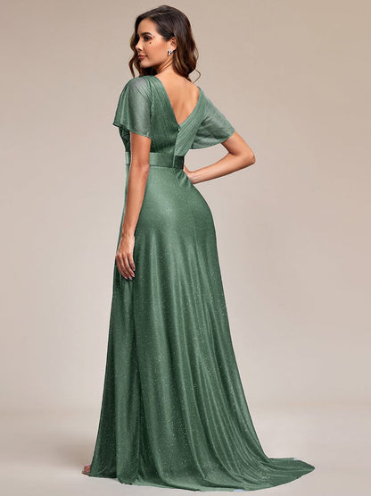 ever LIORÉ|Sparkling Short Sleeve V-Neck Ribbon Waist A-Line Evening Dress