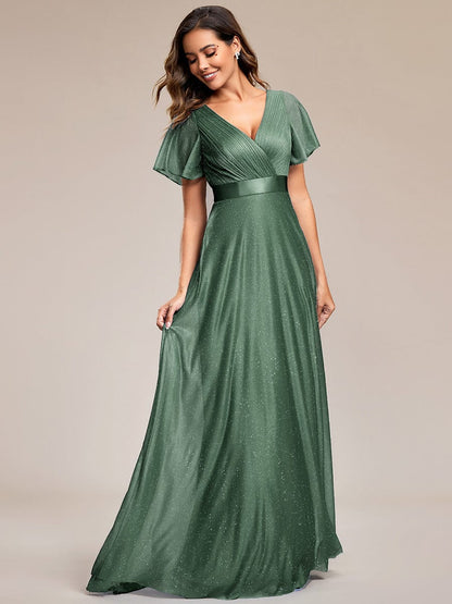 ever LIORÉ|Sparkling Short Sleeve V-Neck Ribbon Waist A-Line Evening Dress