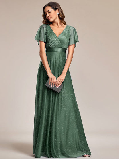 ever LIORÉ|Sparkling Short Sleeve V-Neck Ribbon Waist A-Line Evening Dress