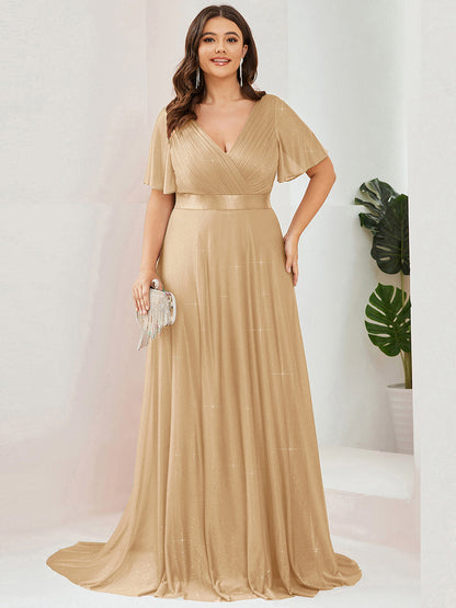 ever LIORÉ|Plus Size V Neck Ribbon Waist Formal Evening Dress With Sleeves