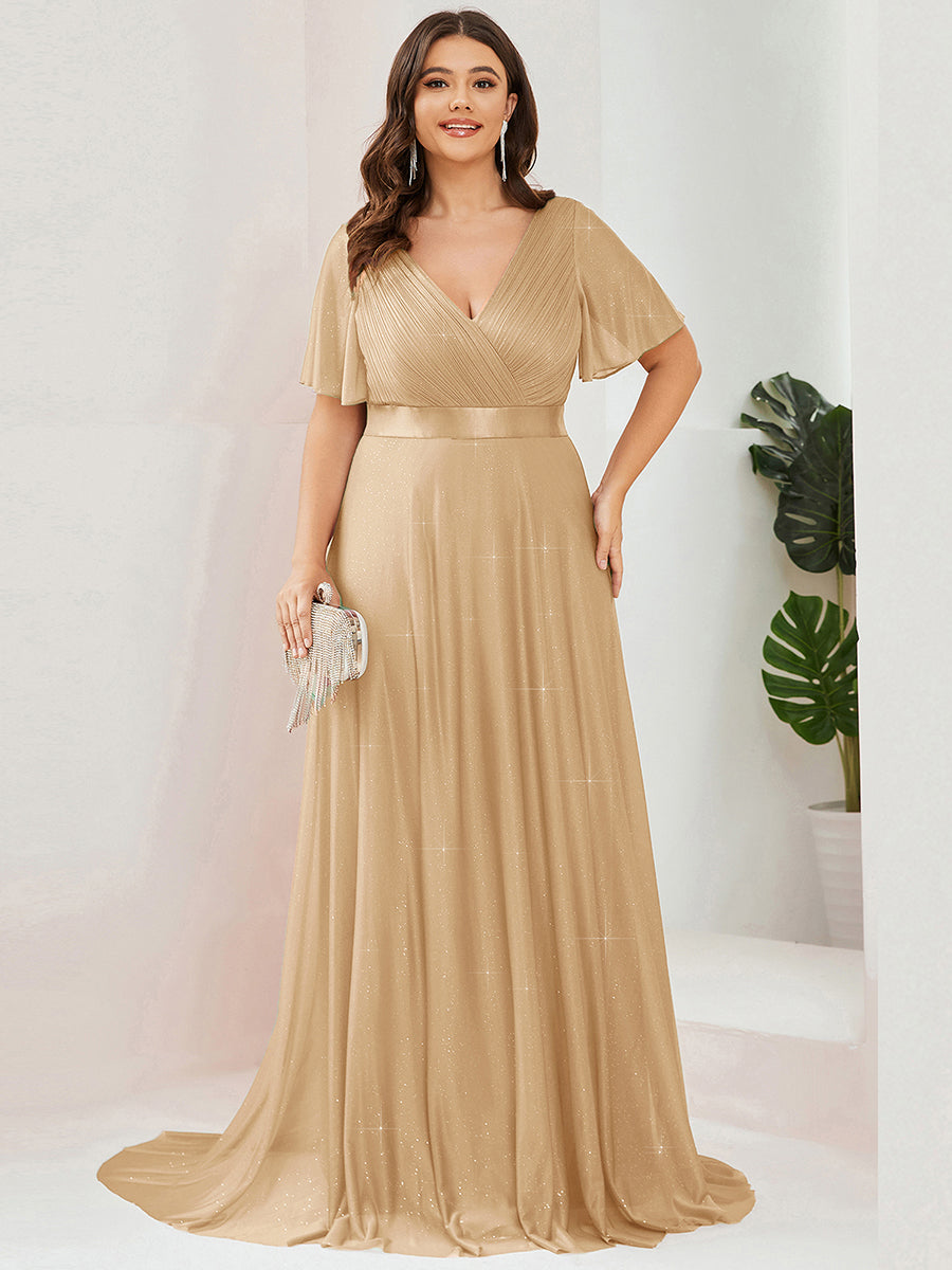 ever LIORÉ|Sparkling Short Sleeve V-Neck Ribbon Waist A-Line Bridesmaid Dress