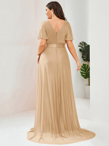 ever LIORÉ|Sparkling Short Sleeve V-Neck Ribbon Waist A-Line Bridesmaid Dress