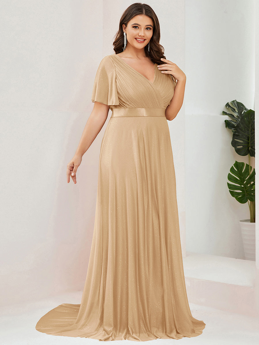 ever LIORÉ|Sparkling Short Sleeve V-Neck Ribbon Waist A-Line Bridesmaid Dress