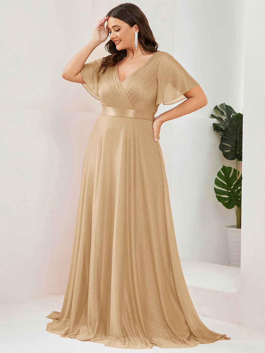 ever LIORÉ|Sparkling Short Sleeve V-Neck Ribbon Waist A-Line Bridesmaid Dress
