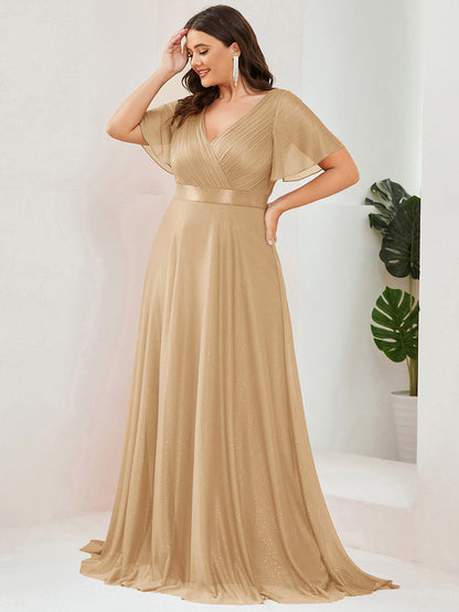 ever LIORÉ|Sparkling Short Sleeve V-Neck Ribbon Waist A-Line Evening Dress