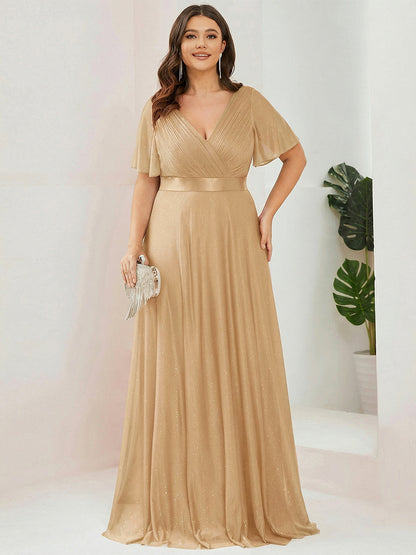 ever LIORÉ|Sparkling Short Sleeve V-Neck Ribbon Waist A-Line Bridesmaid Dress