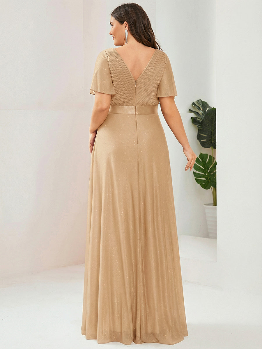 ever LIORÉ|Sparkling Short Sleeve V-Neck Ribbon Waist A-Line Evening Dress