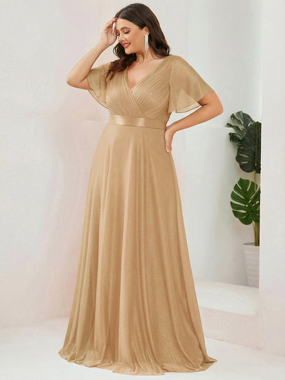 ever LIORÉ|Sparkling Short Sleeve V-Neck Ribbon Waist A-Line Evening Dress