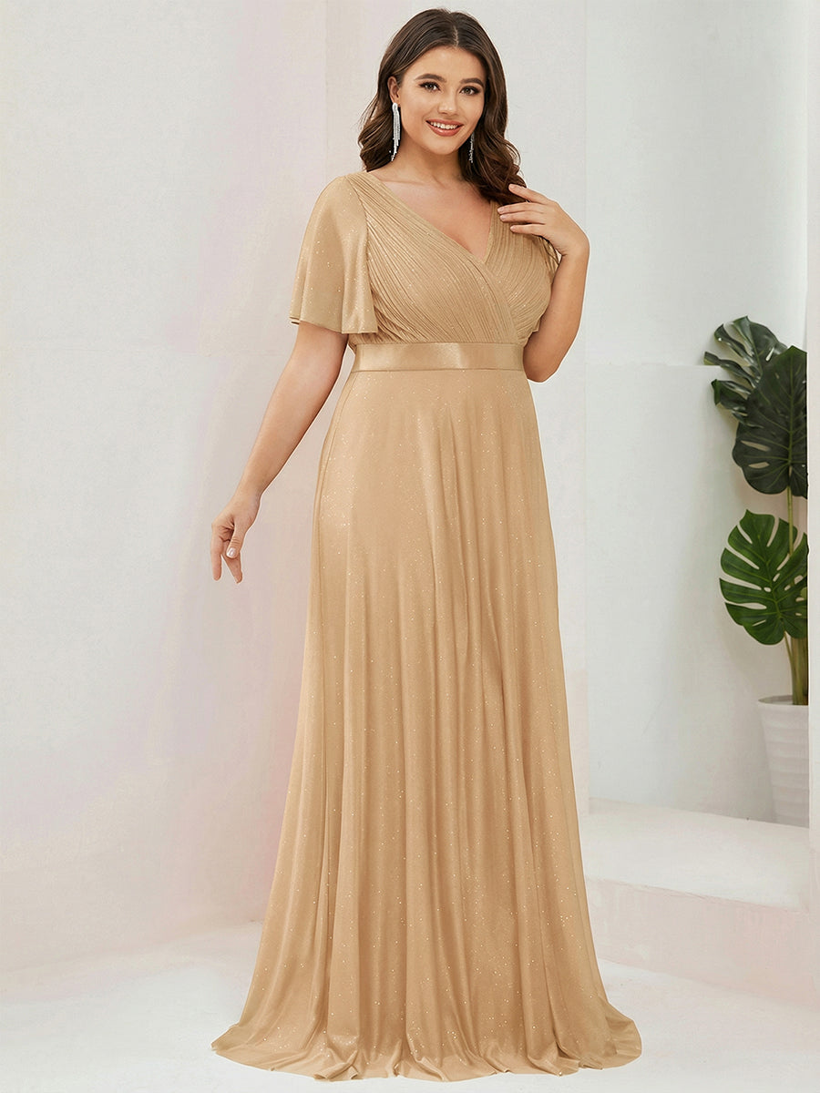 ever LIORÉ|Plus Size V Neck Ribbon Waist Formal Evening Dress With Sleeves